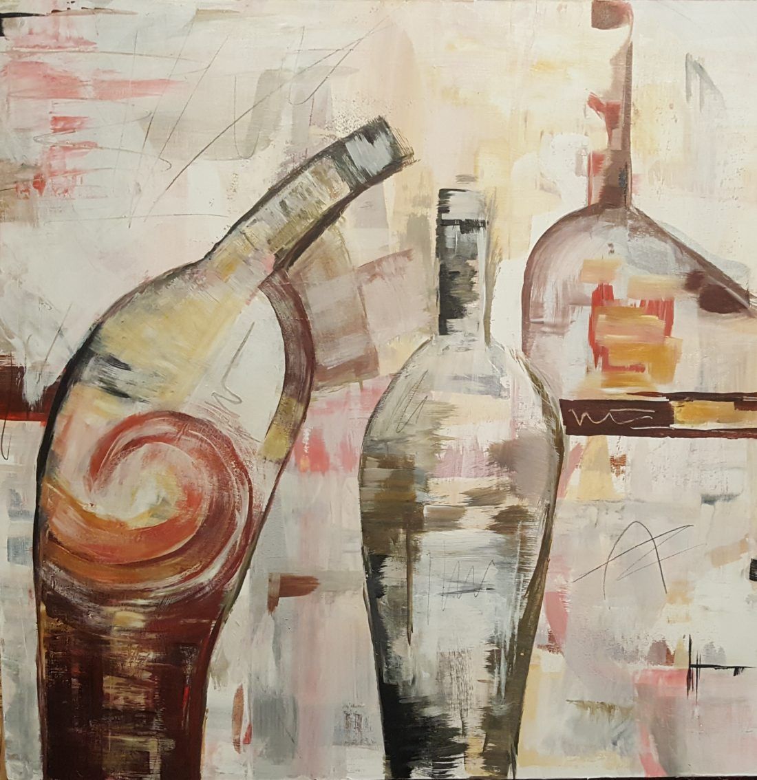semi-abstract bottles 'wood support' acrylic