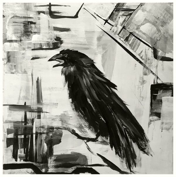 semi-abstract acrylic 'wood support' raven monochrome bird